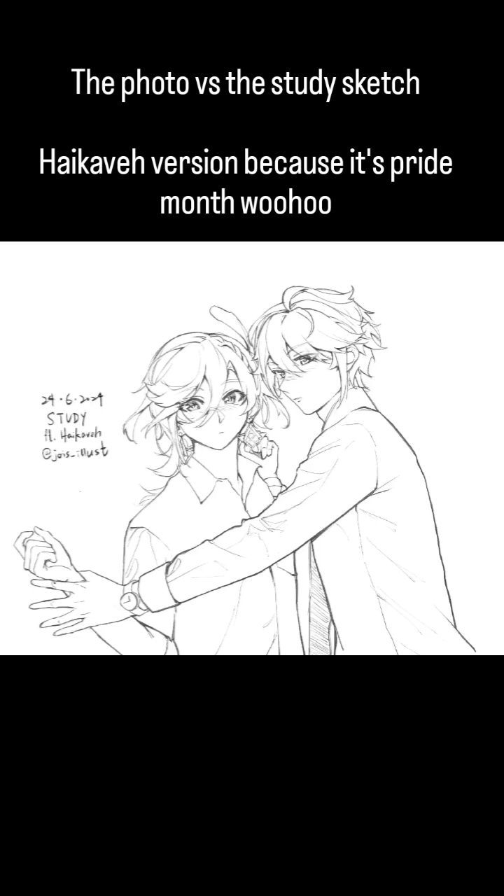 he image shows a comparison between a photograph and a study sketch. the sketch depicts a romantic scene between two animestyle male characters, presumably haikaveh from genshin impact, embracing each other. the text overlay indicates that this is a pride monththemed artwork. the sketch is in pencil and shows the characters' poses and expressions in detail.