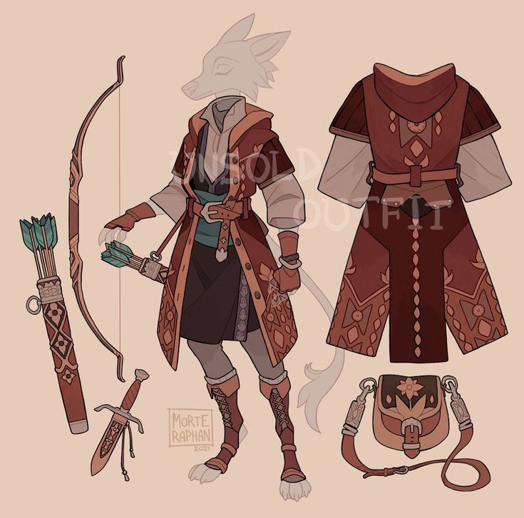 the illustration depicts a female fantasy character in a richly detailed outfit, combining historical elements with a whimsical twist. she is adorned with a long, red cloak with intricate gold embroidery, a belt cinched with a golden buckle, and a flowing, patterned skirt. her boots are brown with golden accents, and she wields a bow and arrow, a dagger, and a quiver full of arrows. her furcovered ears and tail suggest a foxlike creature. the overall design is vibrant and captivating, suggesting a strong and agile warrior ready for adventure.