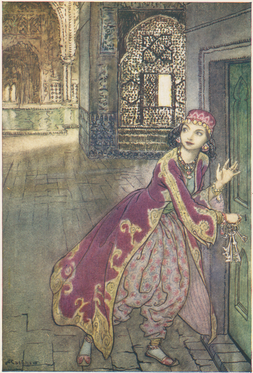 an illustration depicts a woman, likely from a fairy tale, dressed in middle eastern clothing, standing in a hallway near a doorway. she holds a set of keys in her hand and appears to be in a moorishstyle building with intricate architectural details.