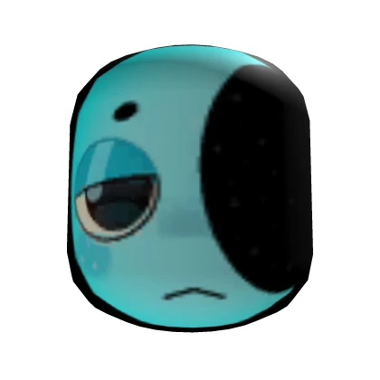 a 3d rendering of a blue roblox head with a sad facial expression. one eye is visible, with a halfclosed lid, and a downturned mouth. a large black spot covers part of the face. the background is black.