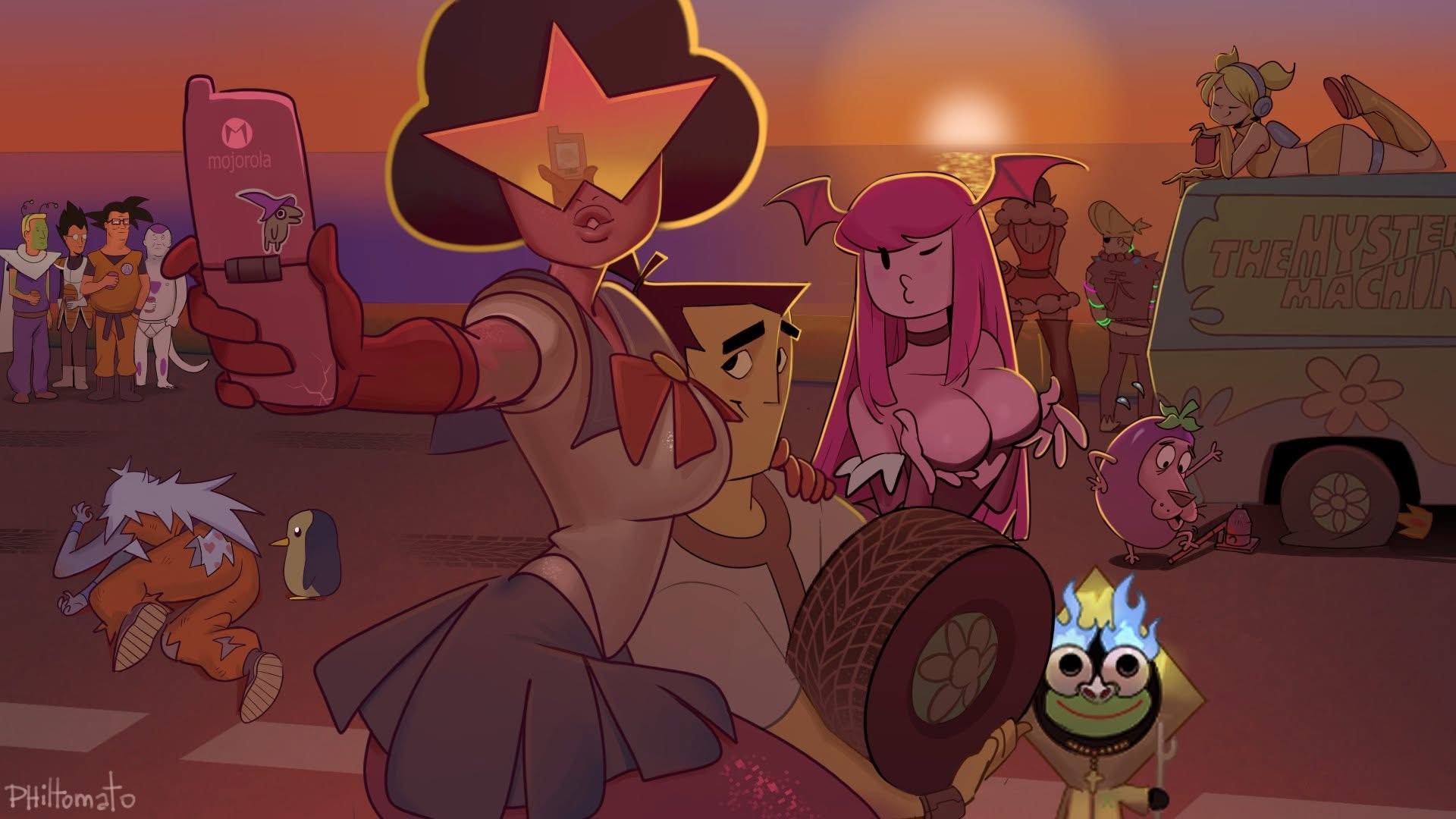 the image is a crossover fanart featuring characters from various cartoons and anime. garnet from steven universe, dressed as sailor moon, is taking a selfie with a motorola phone, with a doodle on the phone. beside her is samurai jack, holding a tire. behind them are panty and stocking, aku, courage the cowardly dog. in the background, there's the mystery machine, dragon ball characters, hank hill, and didi pickles.