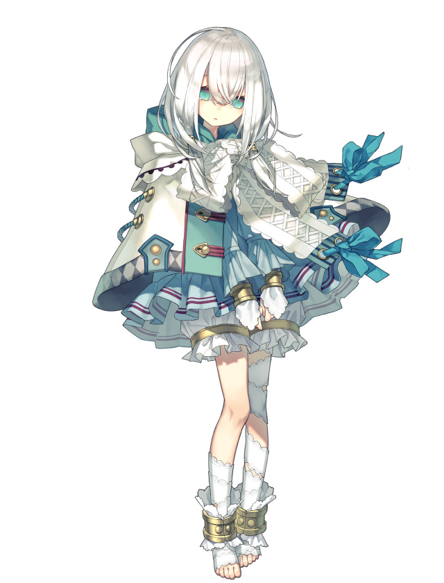 the image is an anime character, a young girl with long white hair, blue eyes and green glasses. she is wearing a white dress with a blue bow, white socks, and gold bracelets. she is barefoot.