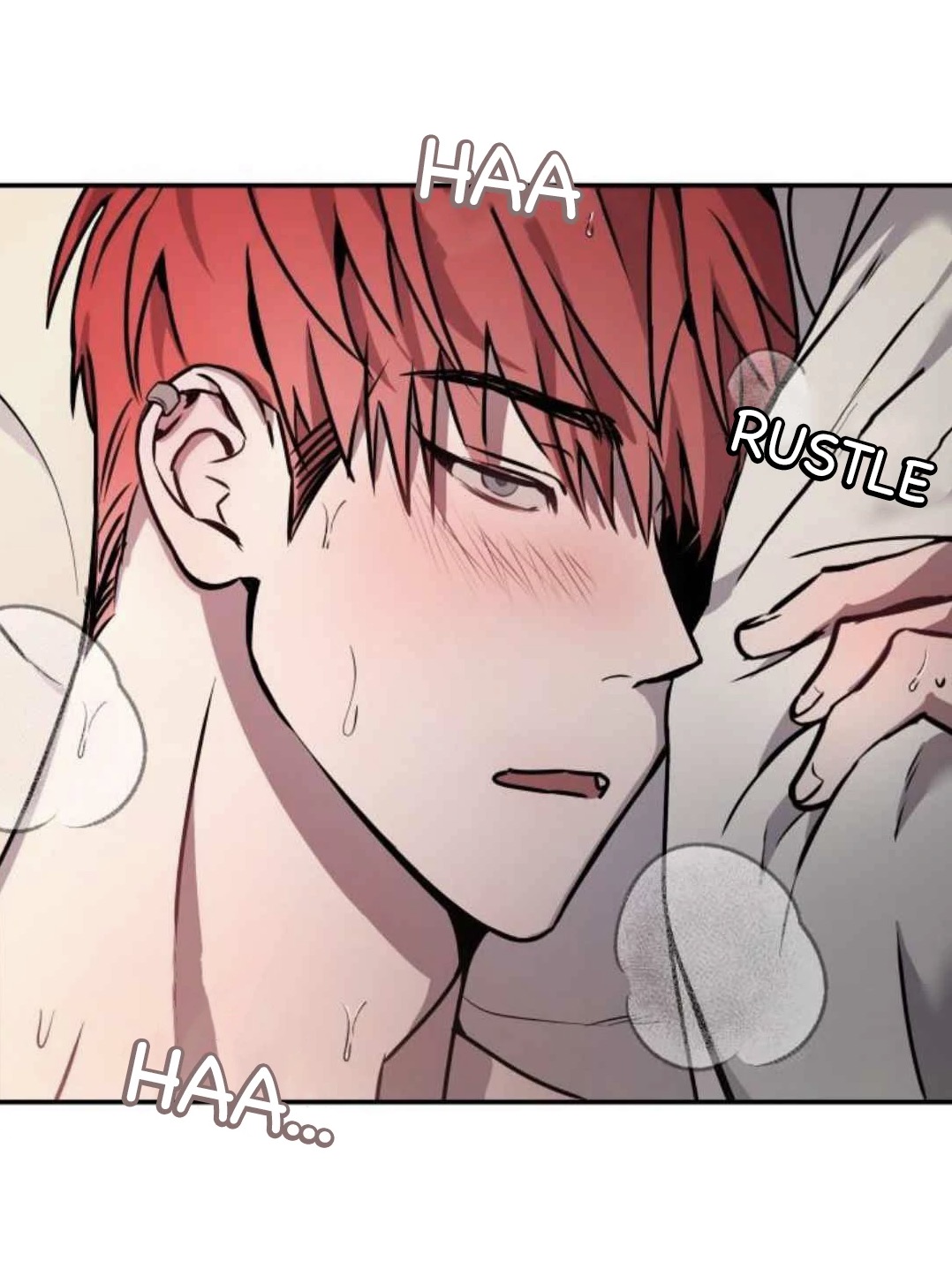 a closeup mangastyle image of a young man with red hair blushing and sweating. he is lying in bed, partially covered by sheets, with another person's hand gently touching his back.  the image is intimate and suggestive, with sound effects ("haa," "rustle") indicating the scene's atmosphere. the art style is typical of manhwa or yaoi, with soft lines and delicate shading emphasizing the characters' emotions.