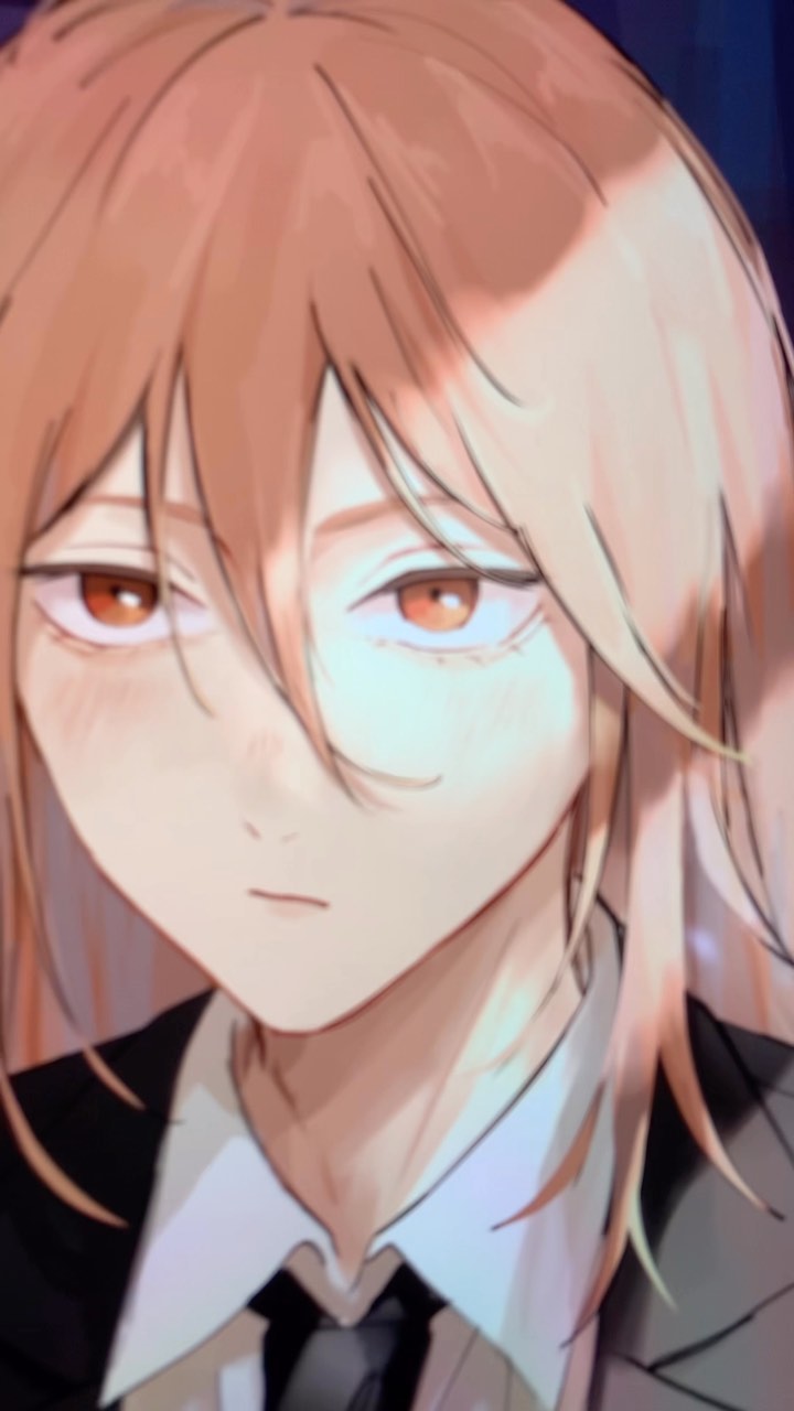 he image is a closeup portrait of an animestyle male character. he has long, light brown hair that falls around his shoulders, orange eyes, and a few visible freckles on his pale skin. he appears to be wearing a suit, with a white collared shirt and a dark tie visible. his expression is serious and somewhat pensive. the art style is soft and slightly painterly, with a focus on soft shading and blending of colors. the background is blurry and indistinct.