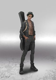 a man in a black hat, sunglasses and jacket, stands with a guitar case on his back. he's wearing dark pants and boots, and his chest is exposed, revealing intricate tattoos. he exudes a cool and edgy musician vibe.