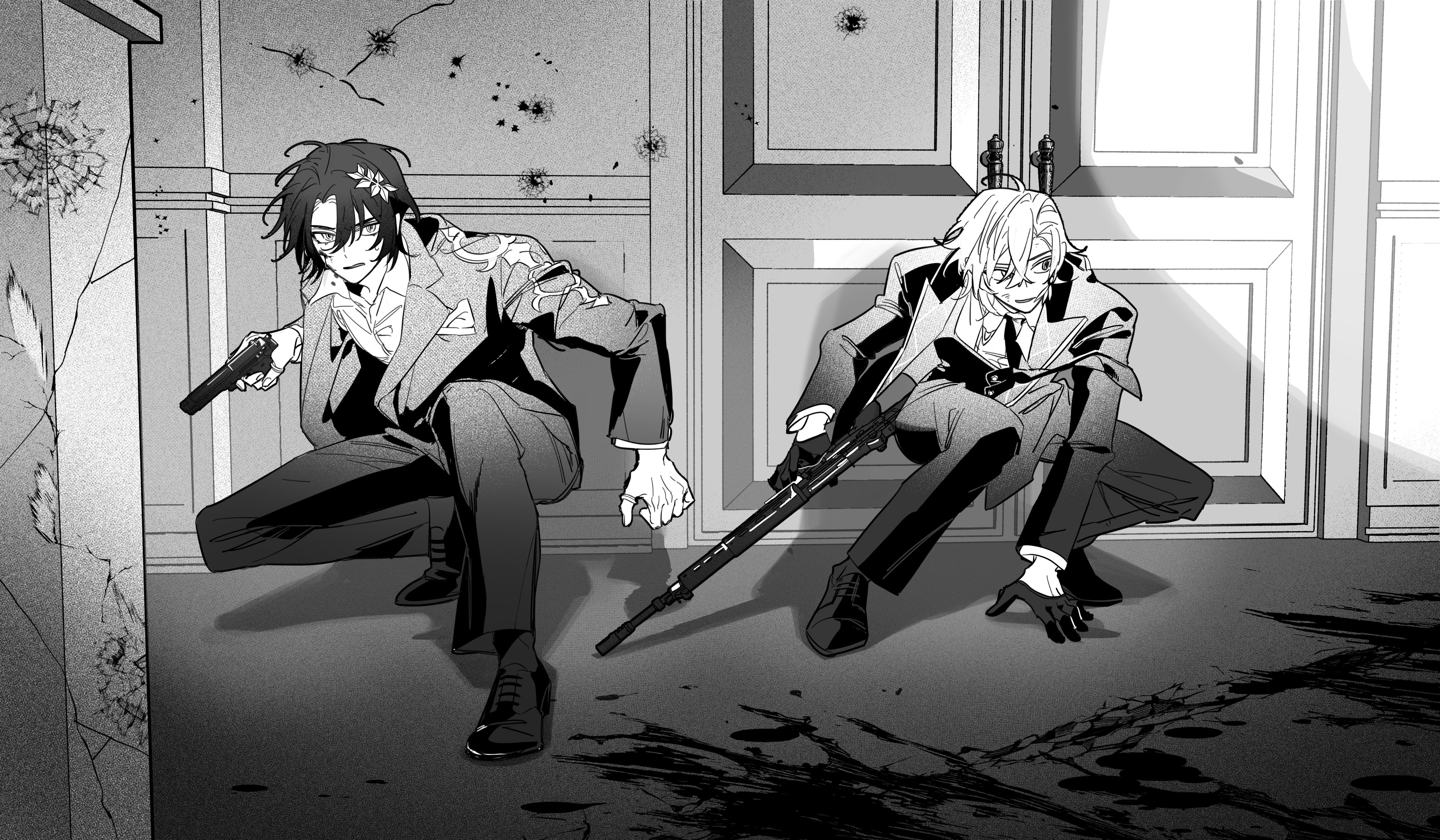 the image is a monochrome mangastyle illustration depicting two men in suits, crouched down in a damaged interior space. one man holds a handgun, while the other has a rifle.  bullet holes are visible in the walls and the floor, suggesting a recent shootout or tense situation. the overall style is dark, dramatic, and suggestive of a suspenseful or actionpacked scene, perhaps from a spy thriller or similar genre. the men's expressions are serious and focused.  the setting appears to be an upscale or formal location, given the architecture and the men's attire.