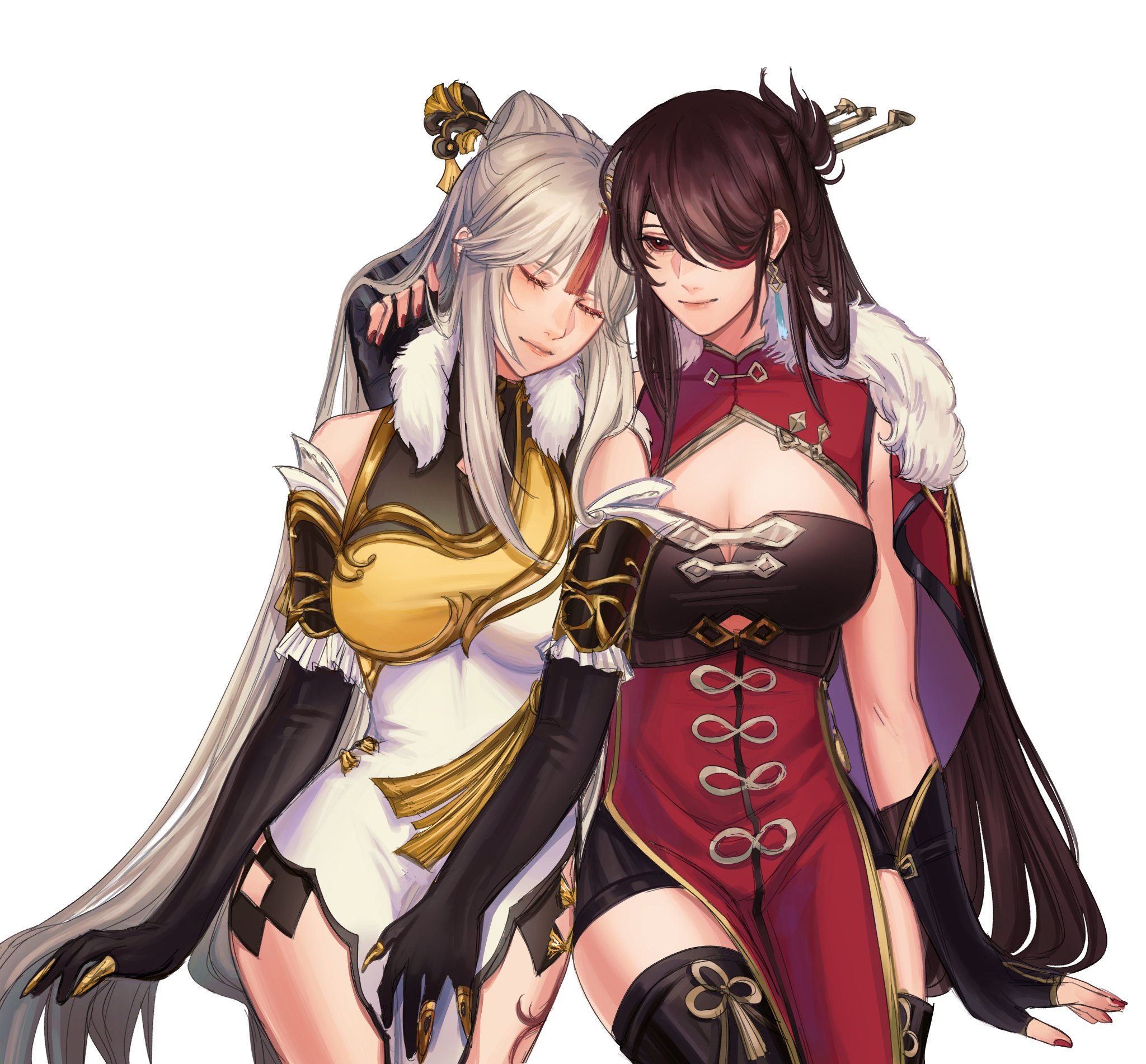 this is a digital illustration of two anime girls. the girl on the left has white hair and is wearing a white and gold dress with black gloves. the girl on the right has black hair and is wearing a red and black dress with gold accents. the two girls are hugging each other, with the girl on the left resting her head on the girl on the right's shoulder. they look very affectionate and happy together. the image is set against a white background.
