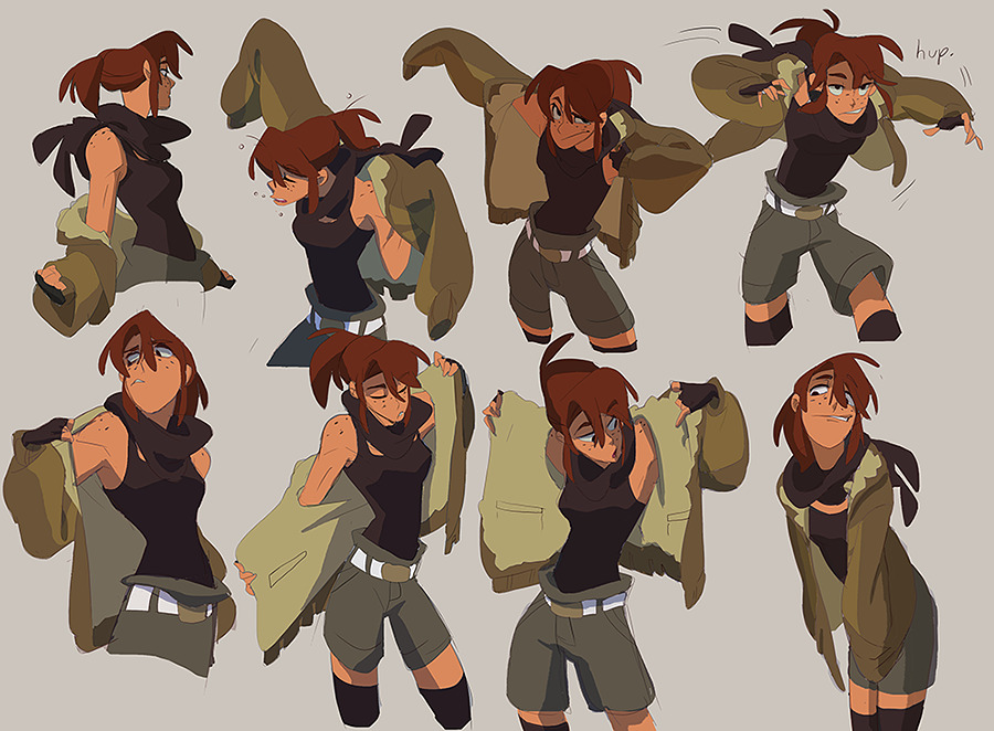 the image is a character design sheet, featuring a female character in different poses and expressions. she is shown wearing a black tank top, green shorts, and a brown jacket. her hair is a reddishbrown color, and she is wearing brown boots. the poses are dynamic and actionoriented, and the expressions are varied. there is a sense of energy and motion in the drawing. the art style is cartoonish and expressive, with a focus on bold lines and colors. the image is likely to be part of a larger project, such as an animated series, a comic book, or a video game.