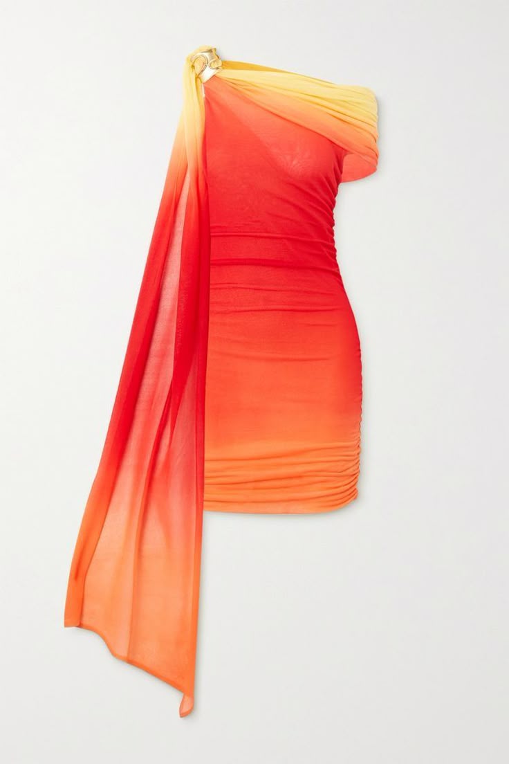a oneshoulder mini dress with an orange, red, and yellow ombre pattern. the dress is ruched.