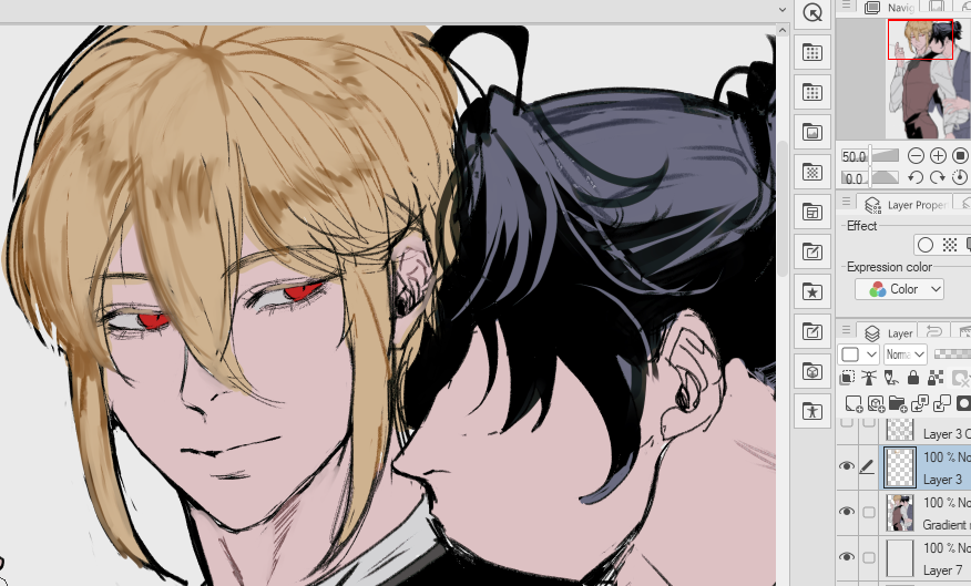 the image is a digital drawing of two anime characters, one with blonde hair and the other with black hair. the characters are facing each other, with the blonde character on the left and the blackhaired character on the right. the blonde character has red eyes and a soft smile, while the blackhaired character has their eyes closed and a more serious expression. the drawing is in a sketchy style with a focus on line art and shading, and the background is white.