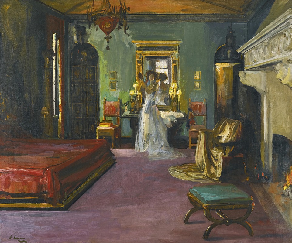 a painting depicts an interior bedroom scene with a woman in a white dress standing in front of a mirror. there is a fireplace on the right, a bed on the left, and various pieces of furniture throughout the room, including chairs and an ottoman. the artwork is an oil painting, showcasing interior design and a portrait of the woman. the painting is titled "bedroom" and the artist is henri d'anty, a french artist.