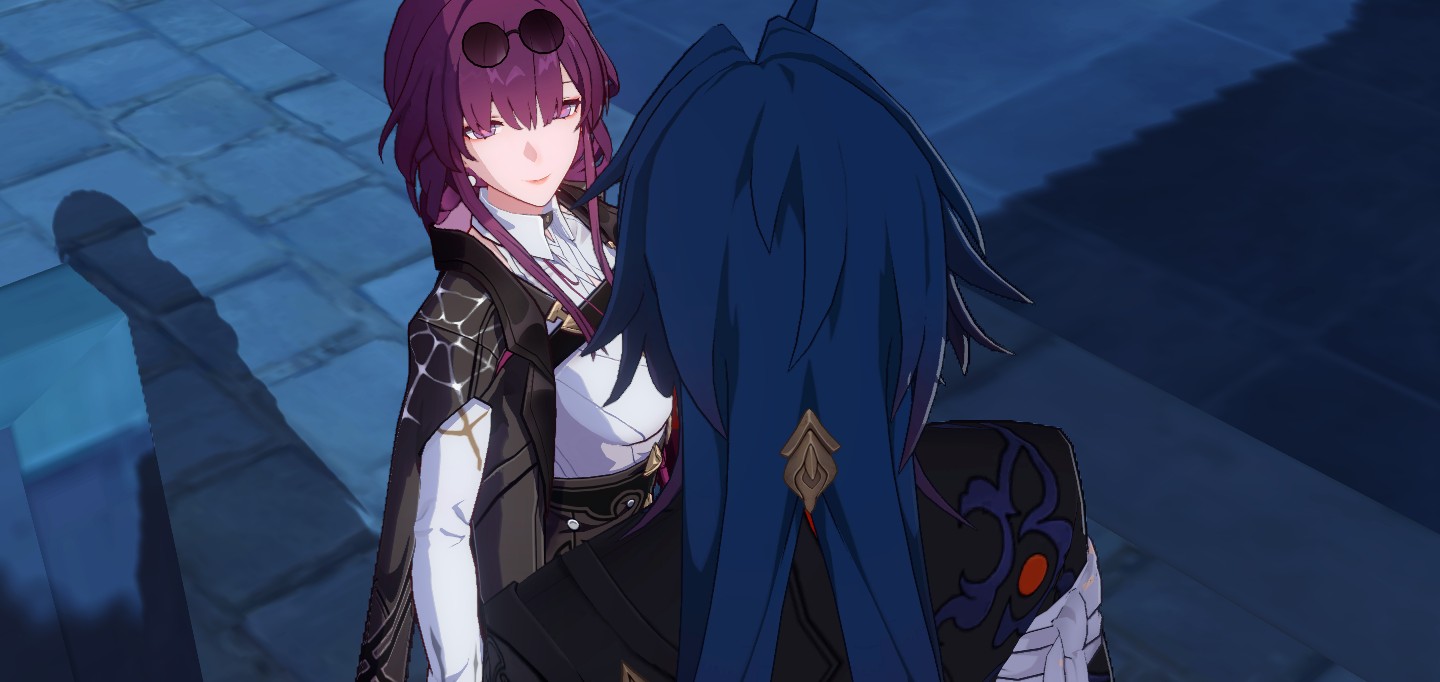 this is a drawing of two genshin impact characters,  one with purple hair and glasses, and one with blue hair. the character with purple hair is wearing a black jacket and a white shirt with a red ribbon. they are looking at the blue haired character who is looking away. the background is a blue and black, and there is a shadow in the top left corner.  the scene looks as though the two characters are having a conversation.