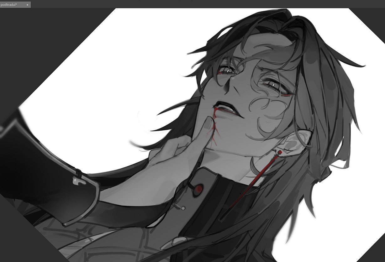 a black and white illustration of an anime character, a male with long black hair, laying down with his eyes closed. there is a hand touching his neck, where there is blood. the character is wearing a black collared shirt. the art style is similar to manga.