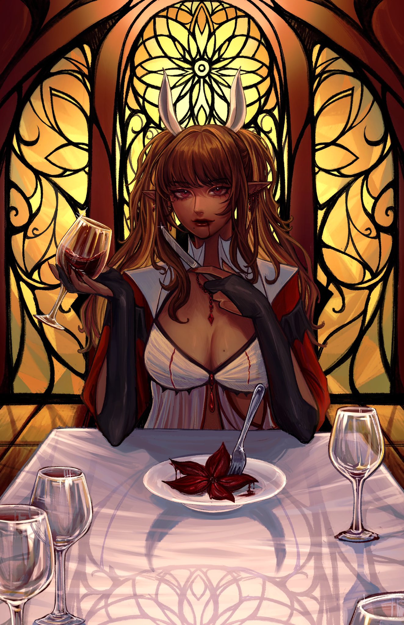 a woman with long brown hair, wearing a red dress and a white shirt, sits at a table. she has a glass of wine in her hand and is holding a knife to her chest. there is a plate in front of her with a flower on it. the scene is dark and mysterious, with stained glass windows in the background. the woman appears to be a vampire, and the scene is full of symbolism.