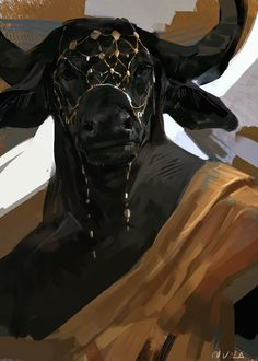 a stylized image of a minotaur wearing gold jewelry and a gold robe, rendered in a digital painting style.
