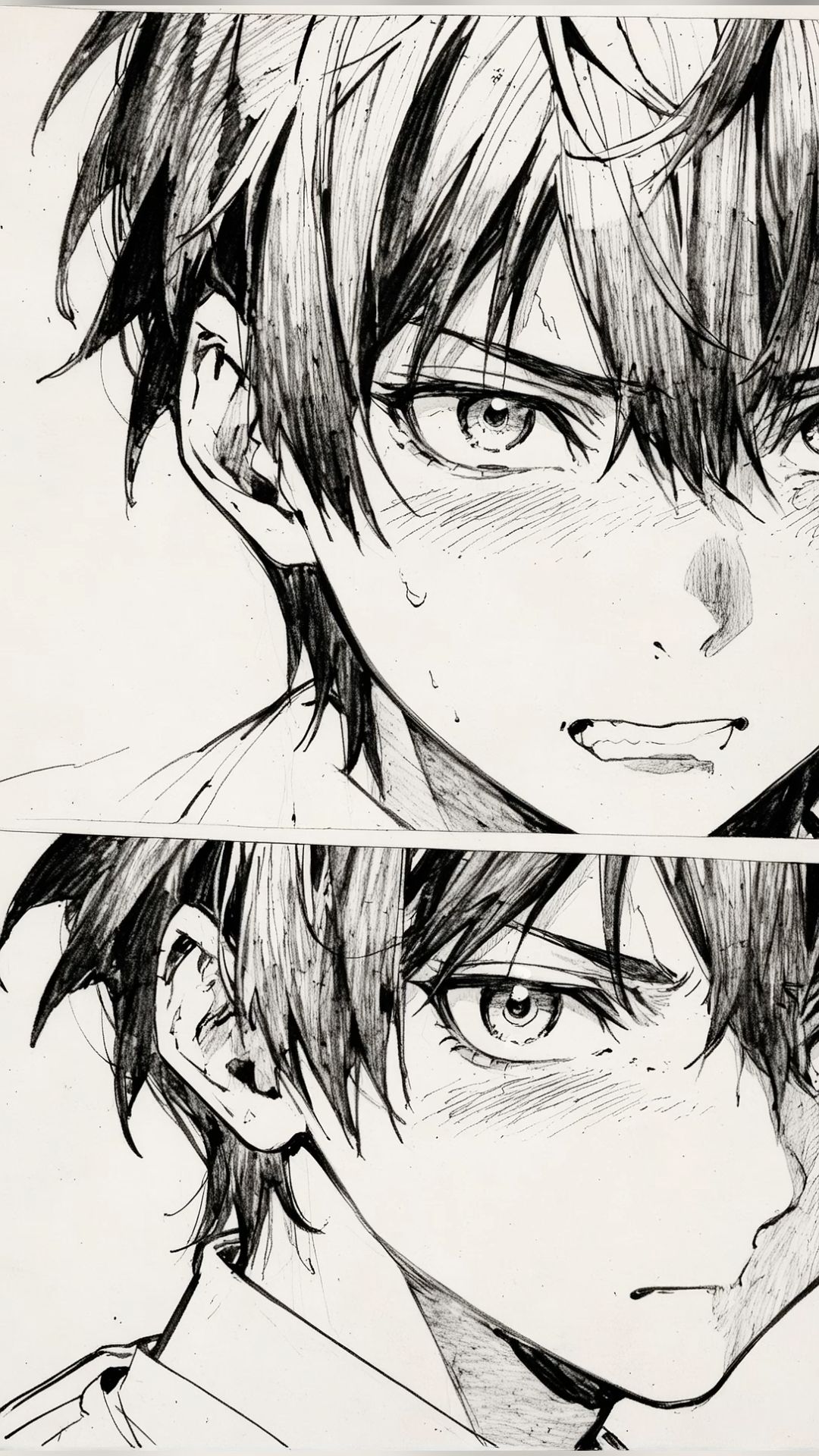 he image is a detailed black and white drawing, possibly manga or anime style, depicting the closeup portraits of two young men. the style is highly expressive, using shading and linework to convey intense emotion. the top panel shows a boy with his face partially visible, looking intense and perhaps angry or upset; his hair is messy and styled in a way that conveys a sense of agitation.  the bottom panel provides a view of a different young man's face, partially shown, which may be the same individual. both panels suggest a similar emotion and style. the art uses a combination of hatching and crosshatching creating depth and texture.