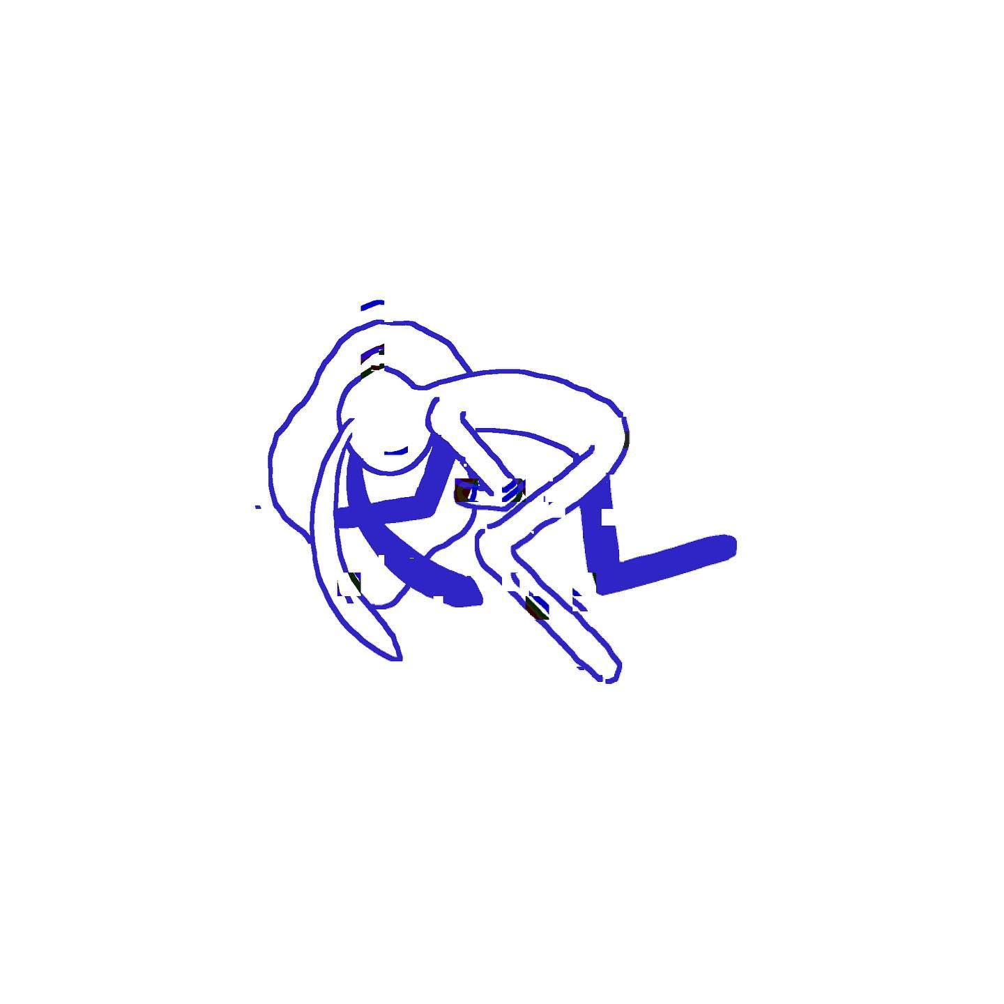 a simple, blue line drawing of a woman with long hair. she is crouched down with one leg extended. the style is minimalist and slightly abstract.