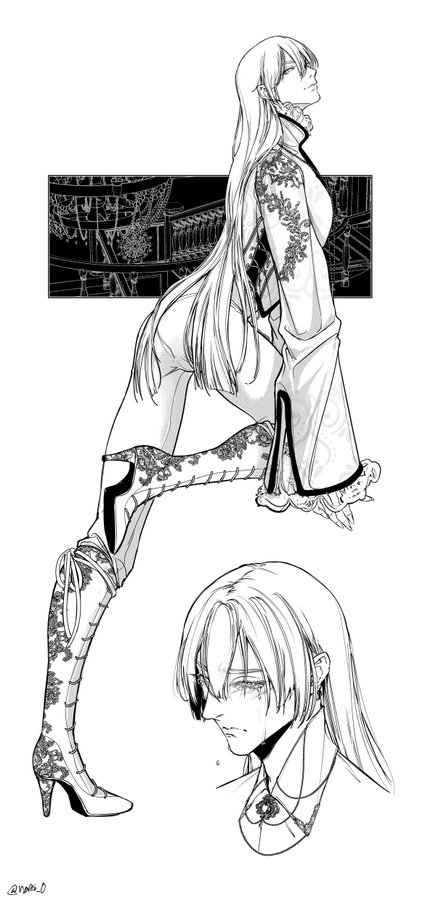the image is a black and white illustration of a stylized anime or mangastyle female character. the top half shows the character in a fullbody pose, wearing ornate clothing and high boots, with long white hair.  she has a regal and elegant appearance. the bottom half shows a closeup portrait of what appears to be the same character, but with a different expression—she is crying.  both sections are rendered in a detailed, sophisticated style.  a background element in the fullbody image depicts a stylized scene suggesting an asianinspired setting.