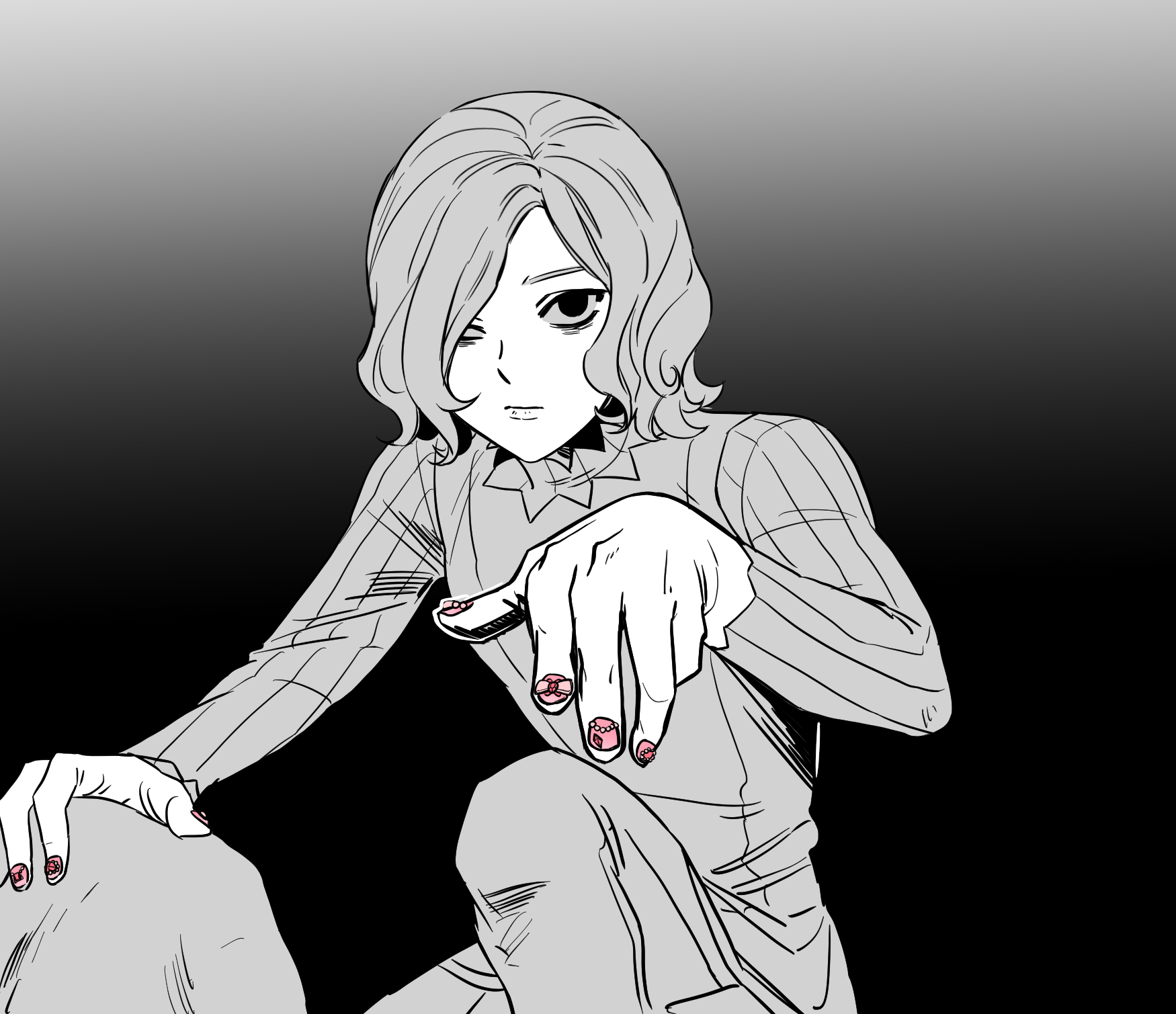 the image is a monochrome, stylized anime or mangastyle drawing of a young woman. she has shoulderlength wavy hair, and is dressed in a pinstripe suit jacket and pants.  she is positioned in a threequarter view, her upper body angled toward the viewer, with a serious and confident expression.  her hands are prominently featured, showcasing detailed nail art with small, pink floral designs on her fingernails.  the overall style is sharp and detailed, with a focus on her expression and attire, set against a dark, gradient background that provides strong contrast. the lighting and shading create a dramatic effect.