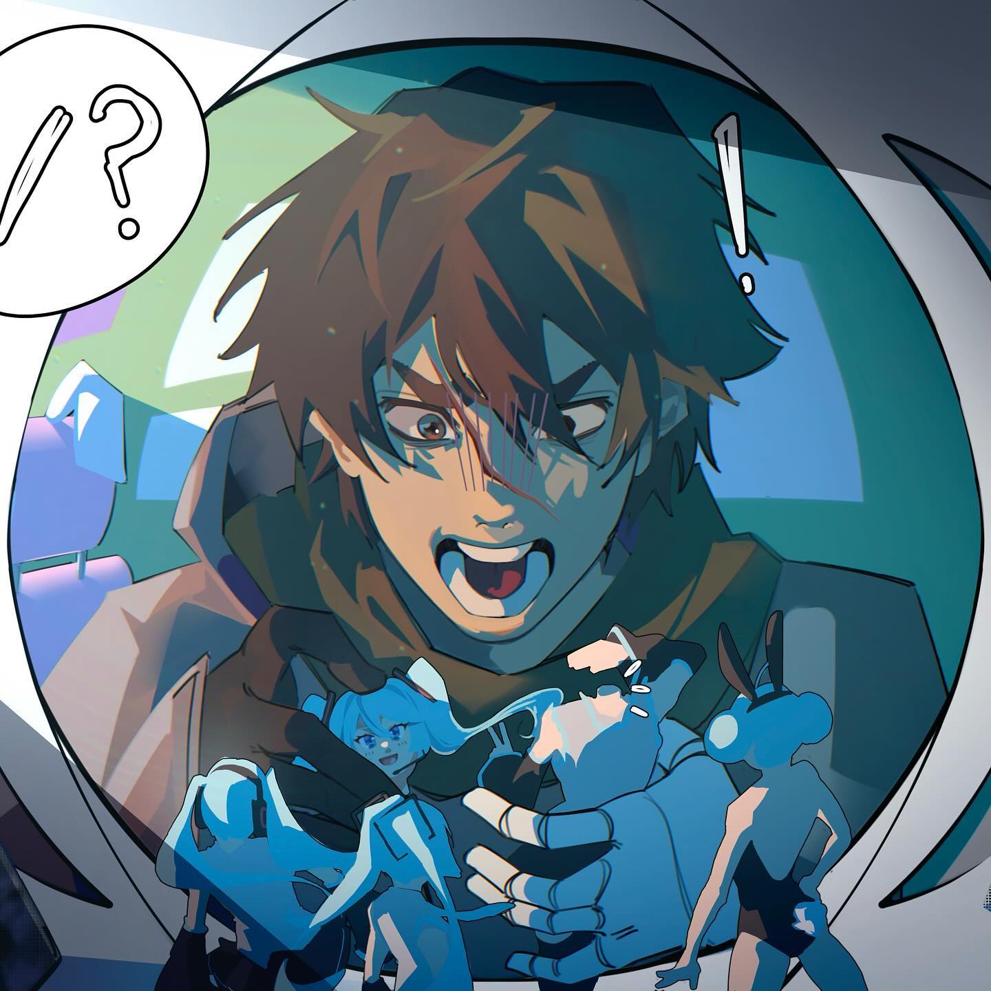 the image is a digital illustration in an anime/manga style.  the central figure is a young man with brown hair, shown from the chest up, who has a surprised and slightly frantic expression. he appears to be inside the cockpit of a spaceship (or similar craft), indicated by the round, windowlike frame around him. he's holding or surrounded by several smaller, bluetoned characters, who appear to be somewhat stylized and possibly magical or robotic. the smaller figures are partially obscured and difficult to discern clearly. the overall mood is one of intense action or surprise.  question and exclamation marks are present in the background, further emphasizing the sudden and unexpected nature of the scene. the art style is dynamic and uses strong lighting and shading to enhance the sense of depth and emotion.