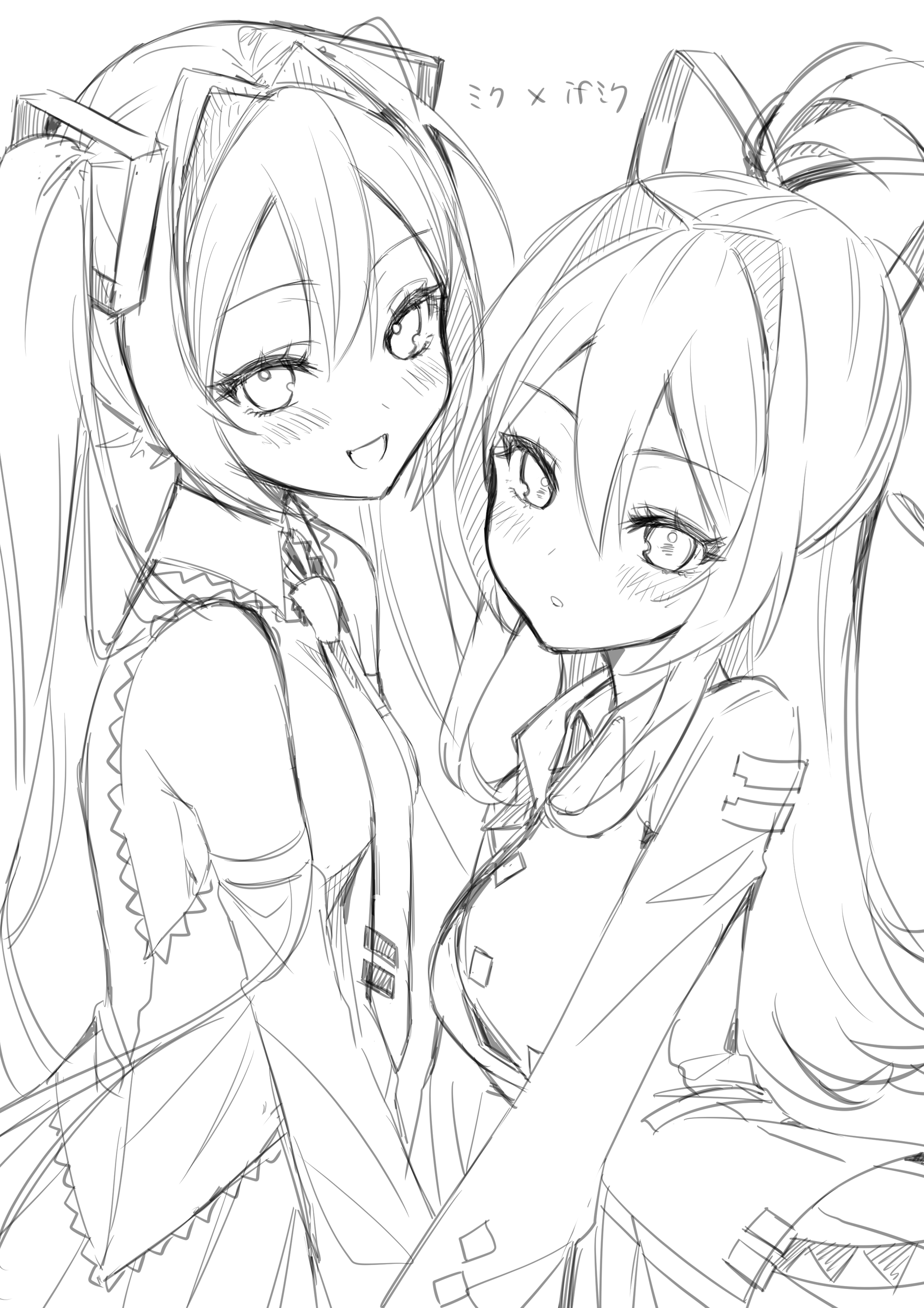 he image is a black and white sketch of two animestyle girls. one girl has long twintails and is wearing a dress, the other girl has a ponytail and is wearing a jacket. they are drawn in a close embrace, both appearing happy and cute. the style is a loose sketch, with visible strokes and a slightly unfinished look. the overall impression is one of friendship and closeness.  there is japanese text at the top.