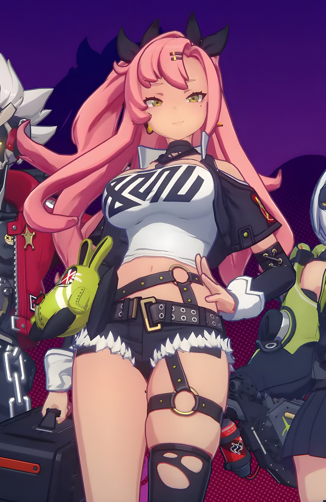 this is a digital illustration of an anime girl with pink hair, yellow eyes, and a black and white outfit. she is wearing a large black belt with many straps and buckles. she is posing with one hand on her hip and the other holding a green weapon that is shaped like a rabbit. she is standing in front of two other characters. the background is purple and has a pixelated pattern.