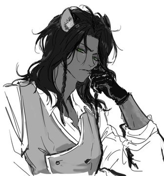 a grayscale anime character is depicted in a portrait style. the character is a young man with long, dark hair and piercing green eyes, dressed in a vest and shirt. his arm rests on his chin and his left hand is covered in a black glove. he has a serious expression on his face.