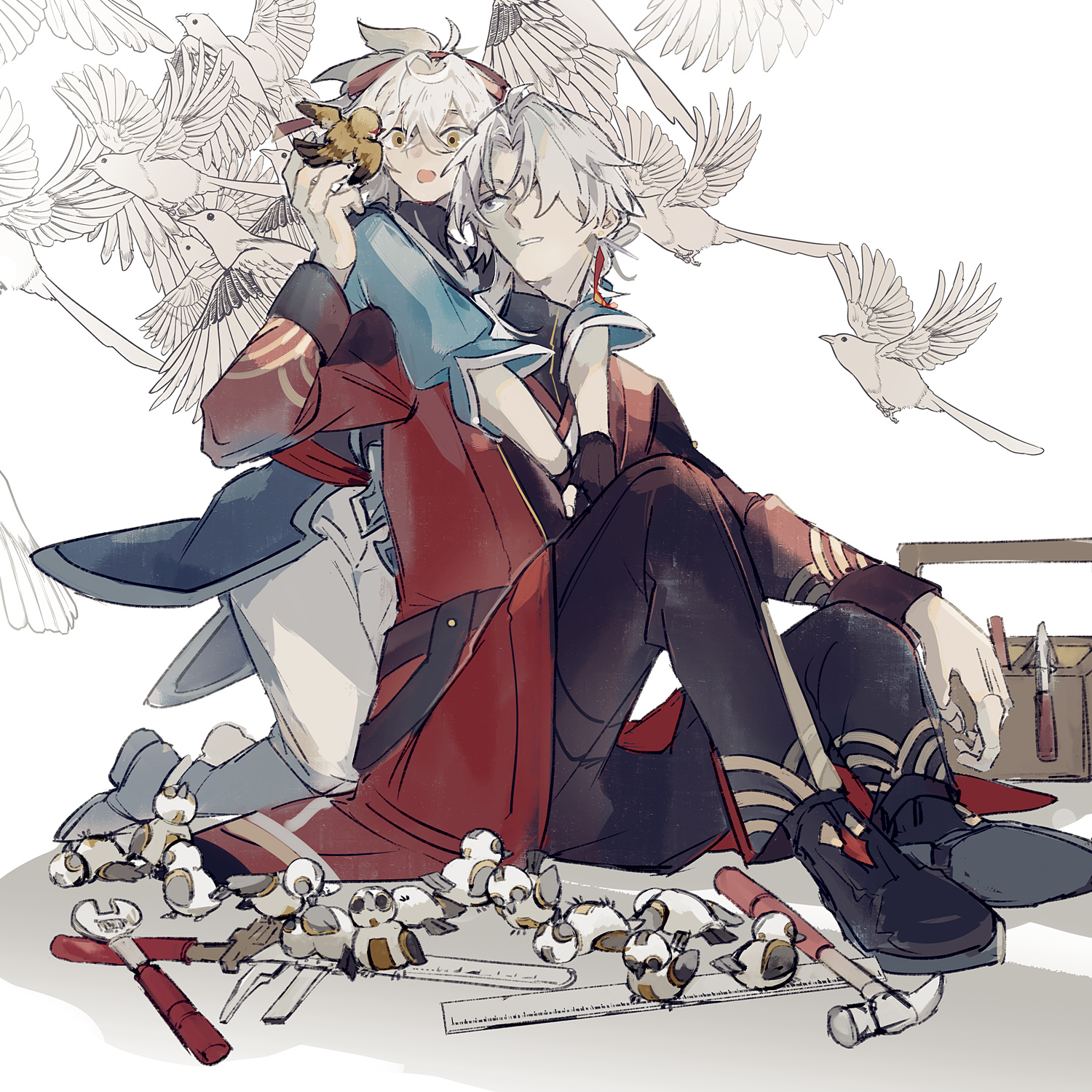 the image is a digital painting of two anime characters, a male and a female, both sitting together and looking at a small bird that the female character is holding. they are surrounded by many smaller white birds, tools, and a toolbox, suggesting that they are in a workshop or workspace. the male character is wearing a red jacket with gold buttons, black pants, and black boots. he has white hair and blue eyes. the female character is wearing a light blue shirt and white pants. she has long, blonde hair and blue eyes.  the image has a warm and happy atmosphere, with the characters looking very close and comfortable with each other.