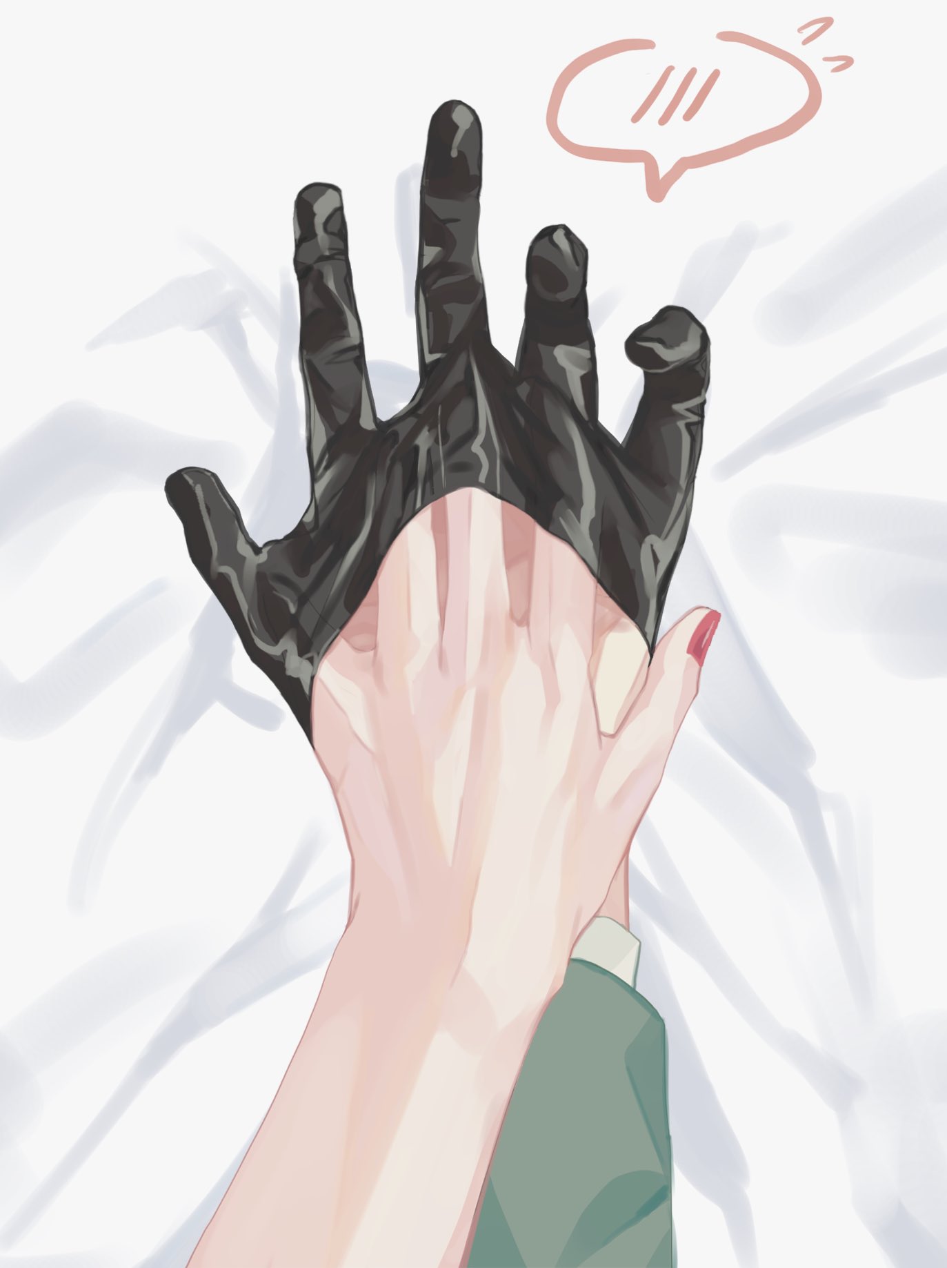 the image shows a pair of hands holding each other, with one hand in a black glove. the hand in the glove appears to be slightly larger and stronger than the