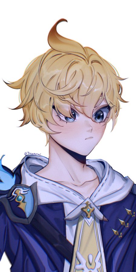 a digital art illustration of a young blonde anime boy. he has blue eyes and is wearing a white and blue coat with a yellow scarf. his hair sticks up in a spike on top of his head.