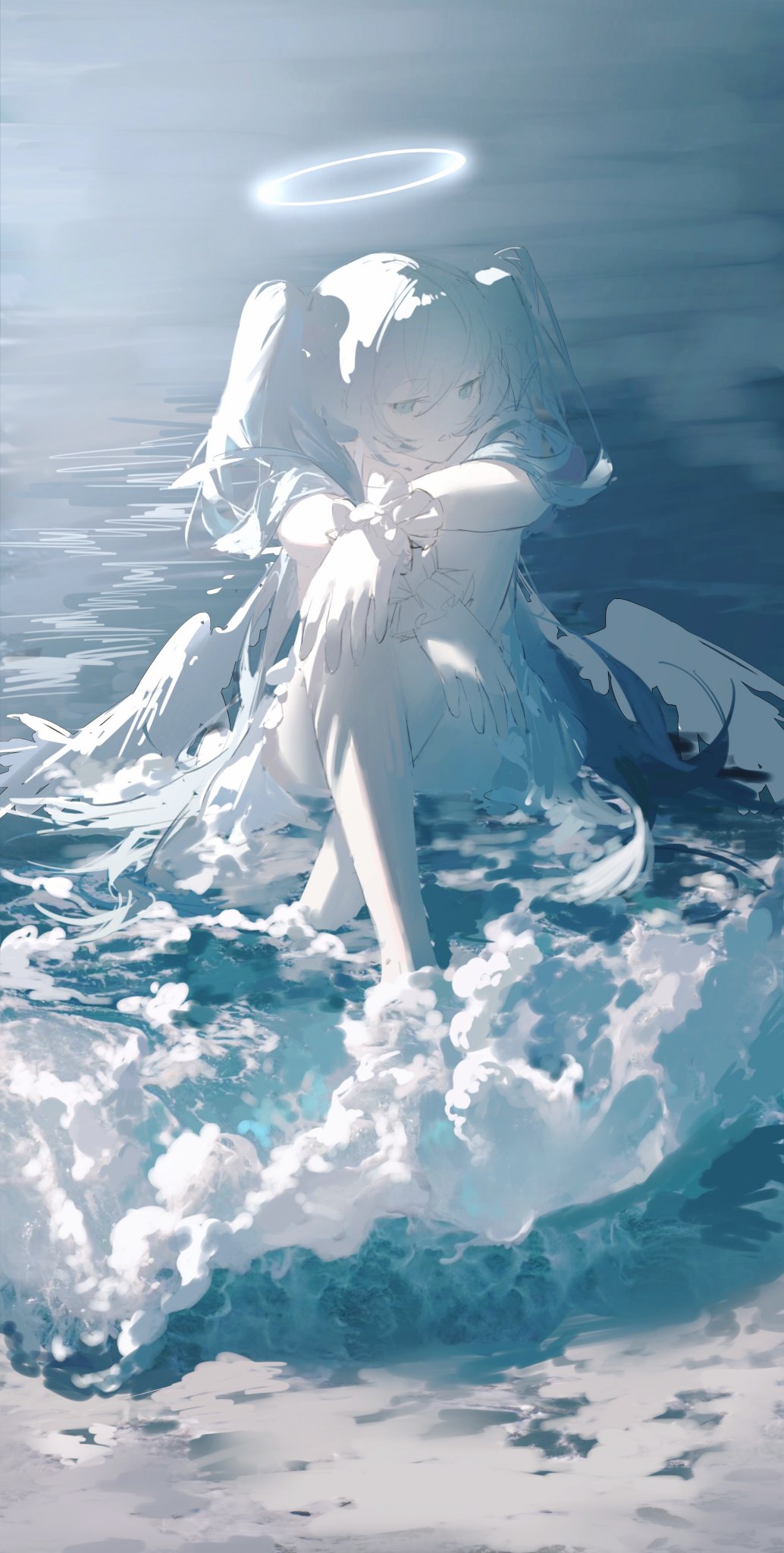 the image is a digital painting of an anime girl with a halo sitting in the ocean. she has long white hair and is wearing a white dress. the water is a light blue and white color, and the overall mood of the image is peaceful and serene. the girl appears sad and ethereal. the style is soft and dreamy, with a focus on light and color.