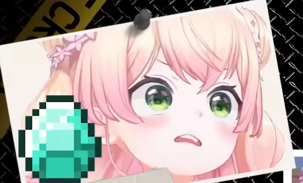the image is a meme featuring an anime girl with a surprised expression. a minecraft diamond has been photoshopped onto her cheek. the image appears to be part of a larger image board, as indicated by the presence of a partially obscured image in the bottom right corner. the overall tone of the image is humorous and lighthearted.