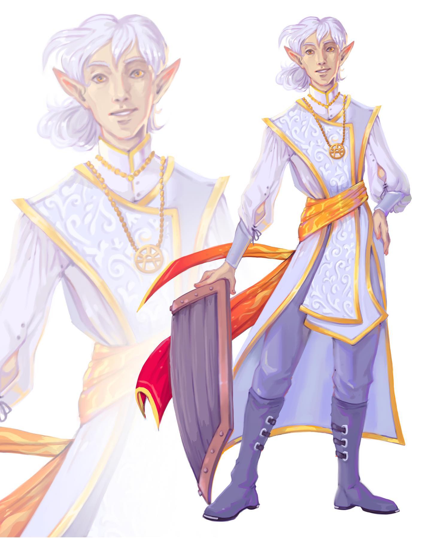 the image is a digital painting of a male high elf, possibly a cleric or paladin, in elaborate fantasy attire. he's depicted twice: a closeup portrait on the left and a fullbody view on the right.  the elf has pale skin, long white hair, pointed ears, and is wearing a long, flowing white robe with gold embroidery and an orange sash. he carries a dark wooden shield with metal accents.  his overall appearance is elegant and noble, suggesting a character of high social standing or spiritual significance within a fantasy setting. the style is reminiscent of fantasy game art or character design for a roleplaying game (rpg).