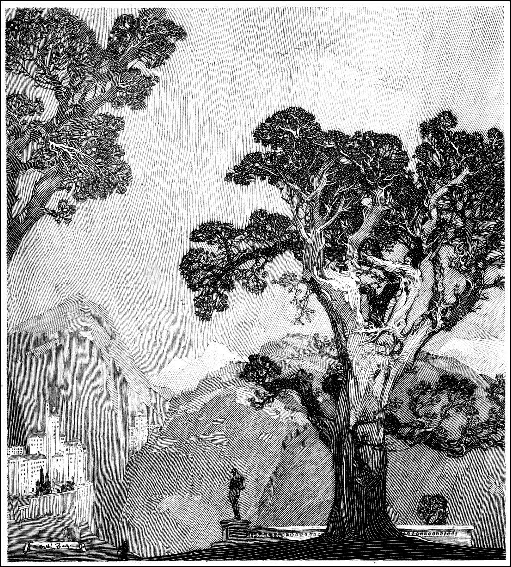 the image is a black and white woodcut or etching illustration depicting a dramatic landscape. the foreground features a large, gnarled tree dominating the right side, with its branches reaching out. a smaller tree is visible in the left upper corner. a solitary figure stands on a low wall at the base of the large tree, looking out towards the scene. in the midground and background is a sweeping view of mountainous terrain. a walled city sits in the distance nestled in the mountains, showcasing details like buildings and walls. the mountains themselves are rendered with lines suggesting texture and depth, and lighter areas suggest snow or high altitude. the sky is textured with thin, parallel lines, creating a feeling of depth and atmospheric perspective.  the overall style points to art nouveau or a similar aesthetic, with strong lines and a focus on nature's forms. the image has a high level of detail and shows skilled craftsmanship in creating the textures and shading.