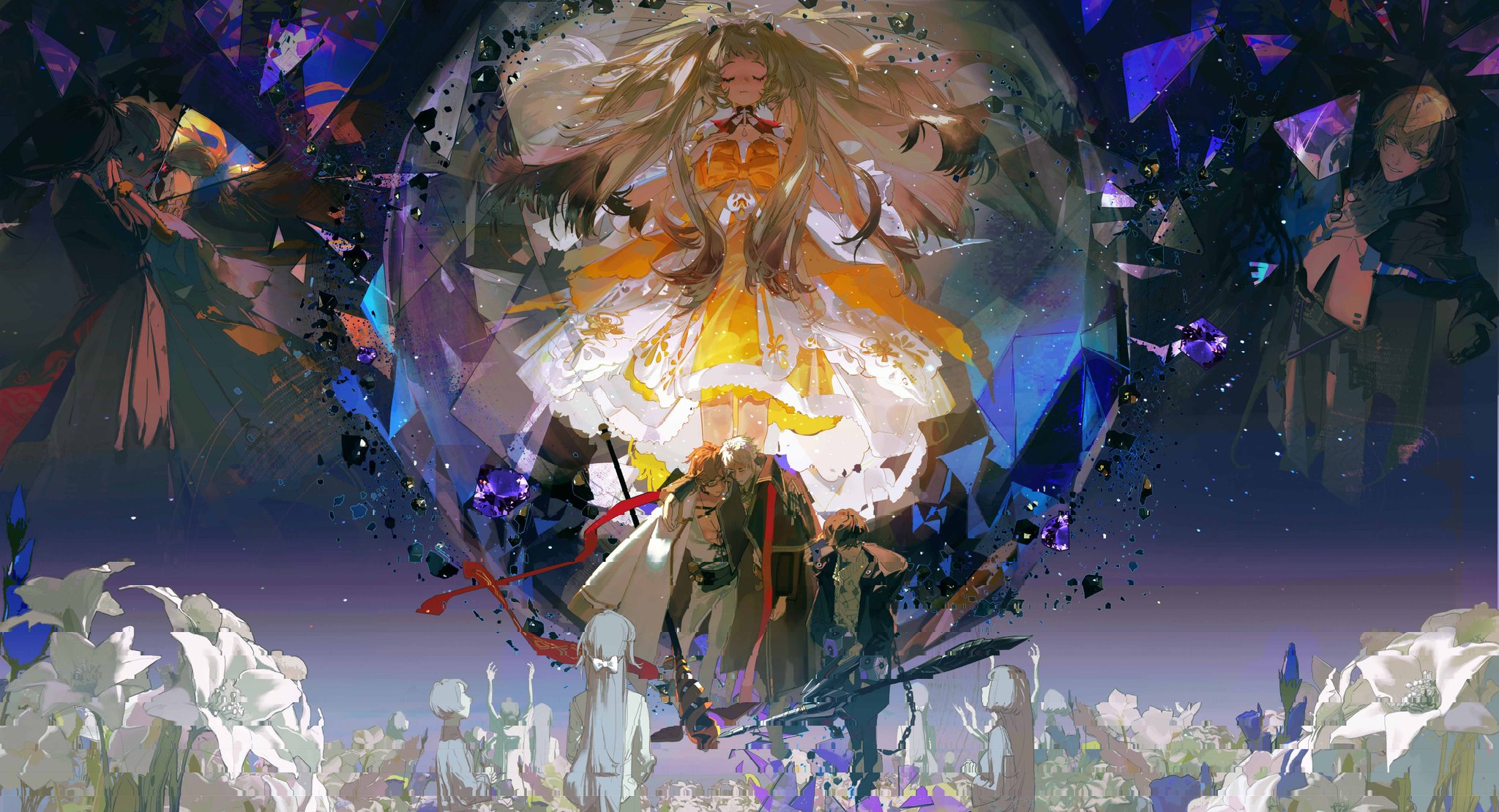 this image is a beautiful and intricate anime artwork that depicts a fantasy world filled with magic and mystery. the central figure is a young woman with long blonde hair, dressed in a yellow and white dress, who appears to be a magical girl. she is surrounded by a swirling vortex of energy that is emanating from a giant crystal. the background is a dark night sky filled with stars and a field of white flowers. the overall effect is one of beauty, power, and intrigue.