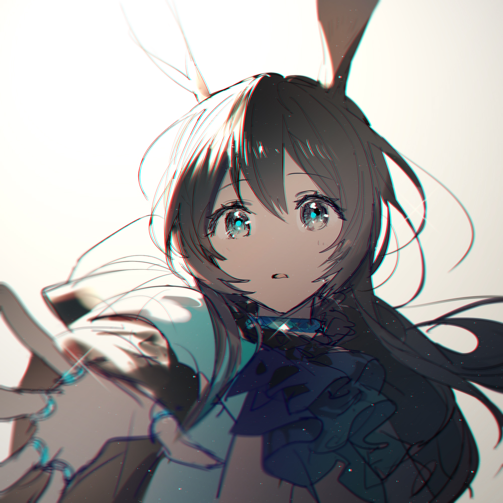 a closeup illustration of an anime girl with long dark hair and bunny ears. she has striking blue eyes and is looking upwards with a slightly surprised expression. she is wearing a dress with ruffles and her hand is reaching towards the viewer. the lighting is bright, creating strong highlights and shadows.