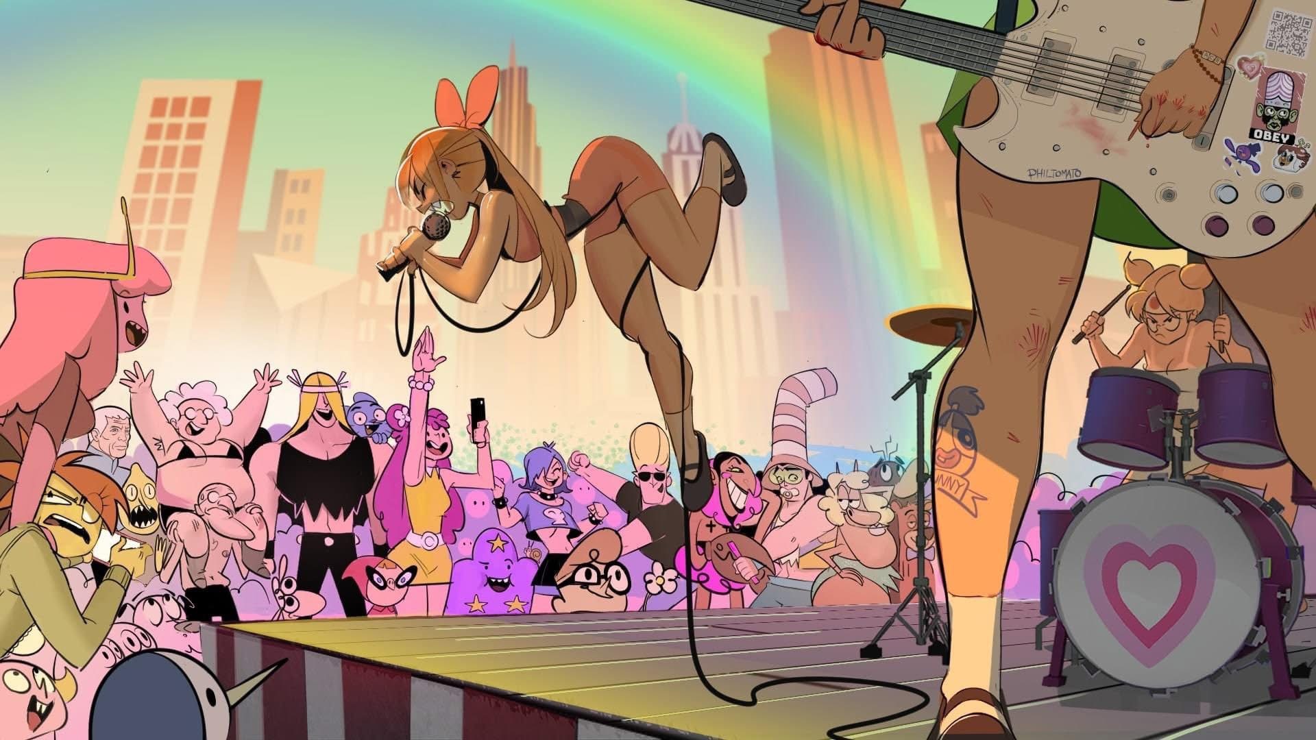a cartoon image depicts a band performing on a stage for a large crowd with a rainbow in the background. the singer, resembling a powerpuff girl, stands center stage with a microphone. a guitarist is visible on the right, and a drummer, also resembling a powerpuff girl, sits behind a drum set decorated with a heart. the crowd consists of various cartoon characters, including johnny bravo, finn and jake from adventure time, and princess bubblegum. the guitarist's instrument features stickers, and a tattoo is visible on the bassist's leg. the artist is philtomato. the obey sticker is visible on the guitar. the stage is lit with bright lights. the background includes buildings, creating a city scene.