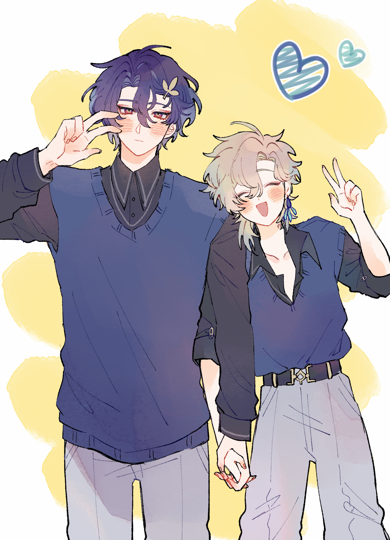 the image is a drawing of two animestyle boys holding hands. they appear to be a couple, and are depicted happily together.  the boy on the left has dark purple hair and is wearing a dark blue vneck sweater and light gray pants. the boy on the right has blonde hair and is wearing a dark blue vest over a dark shirt, and light gray pants.  there are pastelcolored hearts in the background. the art style is soft and cute.