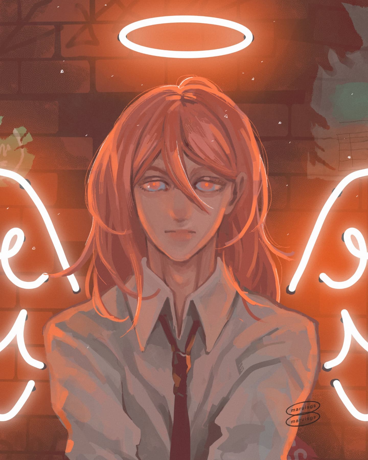 the image is a digital painting in an animeinfluenced style. it depicts a young woman with long, pink hair, wearing a lightcolored collared shirt and tie, which resembles a school uniform.  she has a serious or melancholic expression.  she is framed by glowing neonorange angel wings and a halo, creating a striking contrast against the dimly lit brick wall background. the overall mood is atmospheric and somewhat melancholic, with the orange and red tones dominating the color palette. the art style is painterly and soft, but the neon elements add a sharp, modern touch.  the artist's signature is visible in the bottom right corner.