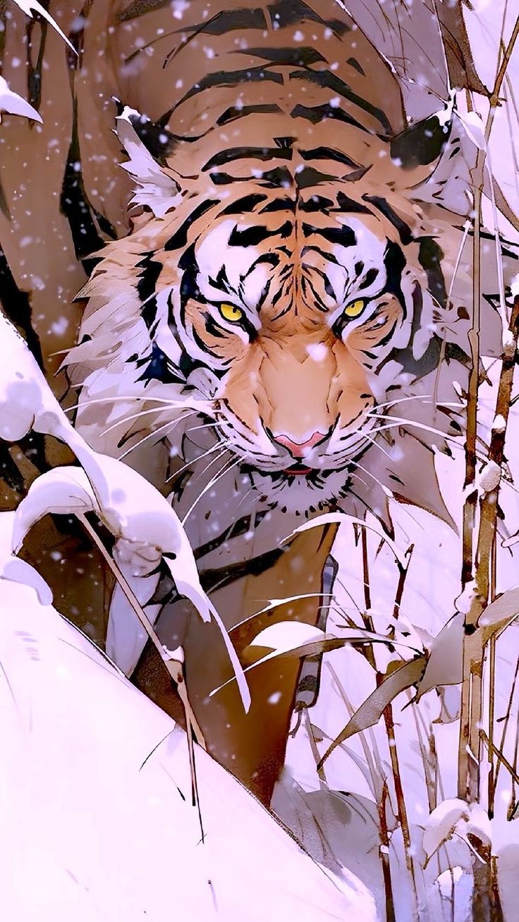 a closeup shot of a tiger's face in a snowy winter forest. the tiger's stripes and whiskers are visible, and its eyes are looking intensely at the viewer. the background is blurred, but the snow and bamboo stalks are visible. the tiger looks powerful and dangerous.