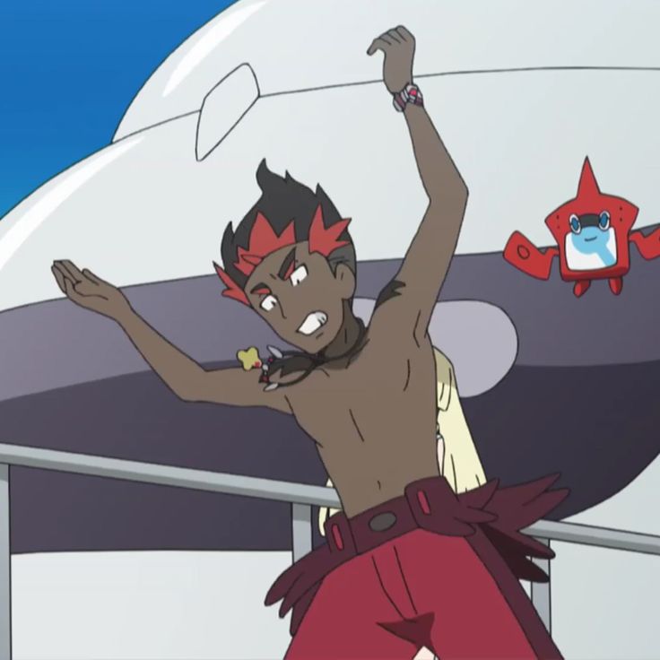 an anime character with red hair and brown skin is leaning backwards with his arms up, as if he is falling. he is shirtless with red shorts and a belt. his pokemon is in the background flying and looking worried. the character has a distressed look on his face.