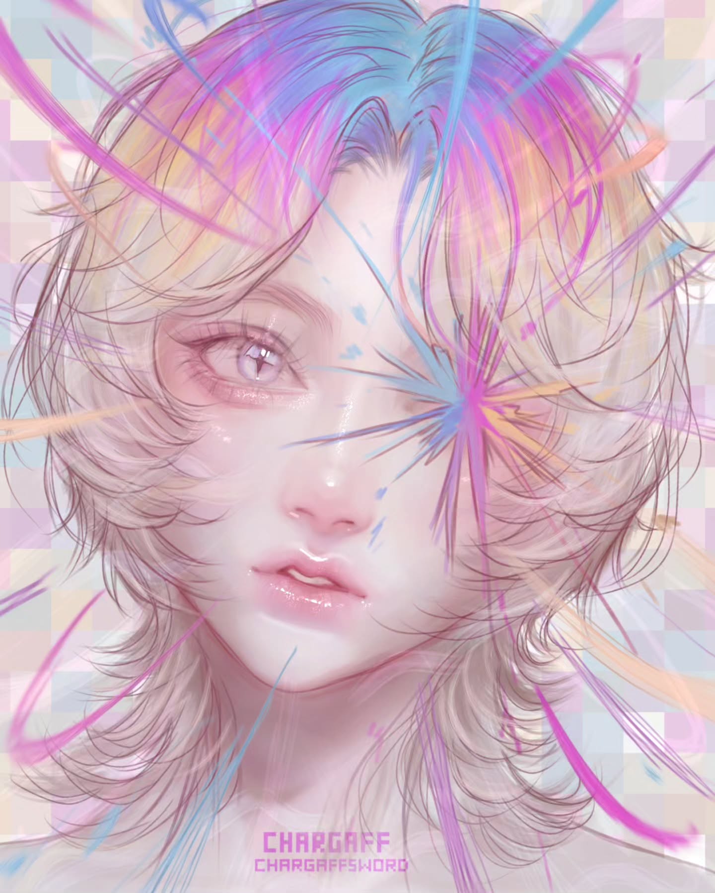 the image is a digital painting of an animestyle girl with vibrant, pastelcolored hair that appears to be bursting with energy.  her hair is a mix of pink, blue, yellow, and other pastel hues, flowing dynamically. the art style is soft and ethereal, with a dreamlike quality. the girl's features are delicately rendered, with soft light and a slightly melancholic expression.  a burst of similar rainbowlike colors emanates from near her eye, adding to the overall fantasy feel. the background is a blurred, pastelcolored abstract design. the artist's signature, "chargraff" and "chargraffsword," is subtly placed in the bottom center of the artwork. the overall impression is one of beauty, light, and a touch of otherworldly magic.