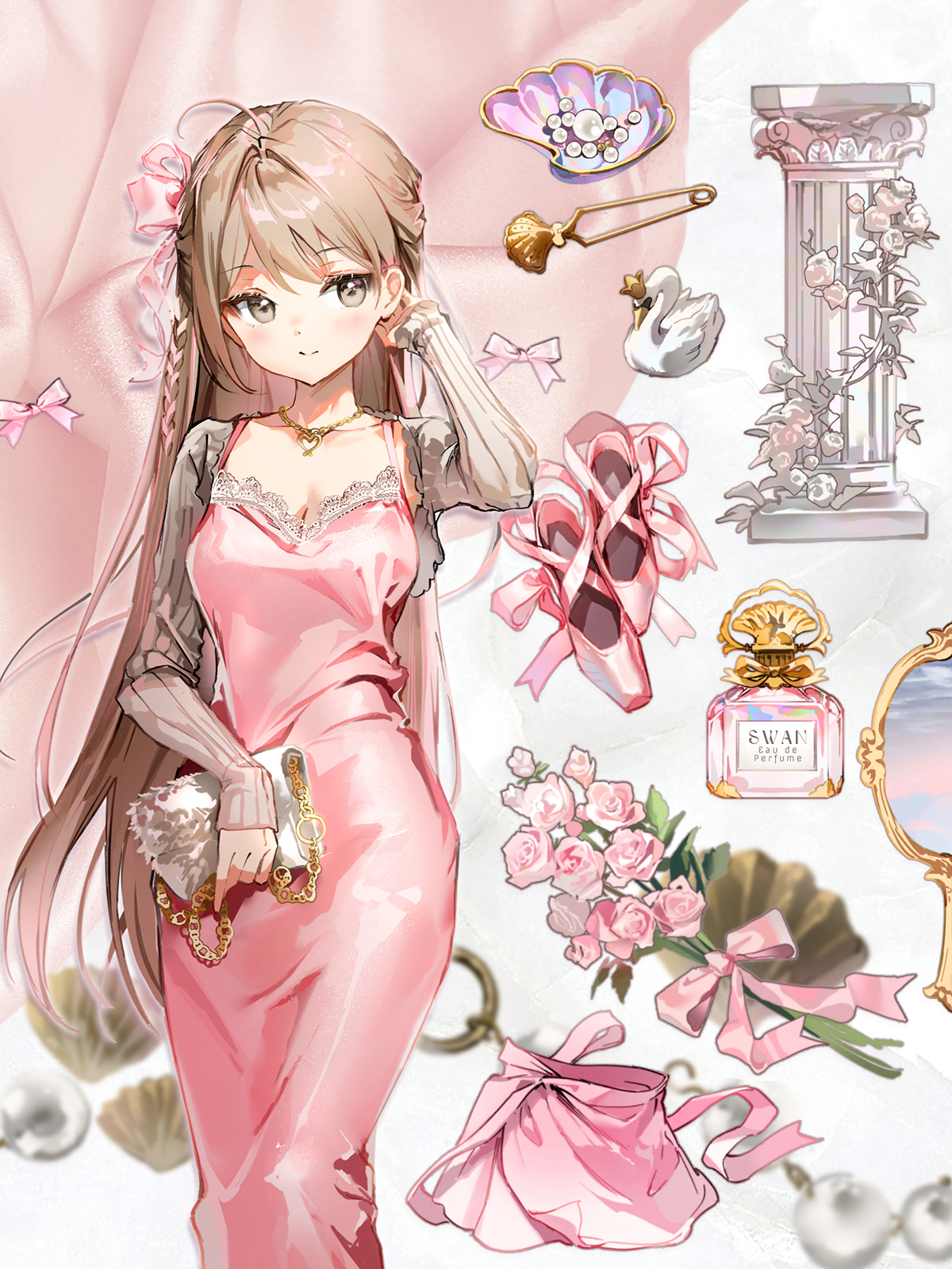 an anime girl with long brown hair and brown eyes is the focus of this illustration. she's wearing a pink slip dress, a gray cardigan, and holding a sparkly purse. she's surrounded by feminine elements such as a ballet slipper, roses, perfume, a swan figurine, bows, pearls, and a hand mirror.  the overall color scheme is pink and white.