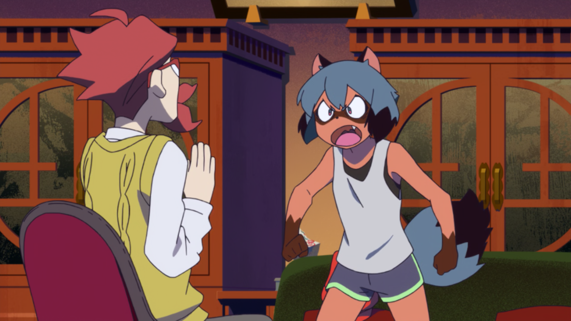 he image shows two animated characters in a room, seemingly in the middle of a heated argument. a slender, grayfurred raccoon character with blue hair stands on the right, his teeth bared and fists clenched in anger. facing him is a larger man with red hair and glasses, his expression one of apprehension as he holds up his hands defensively. the room features dark wood furniture and warm, artificial lighting, further adding to the tense atmosphere of the scene.