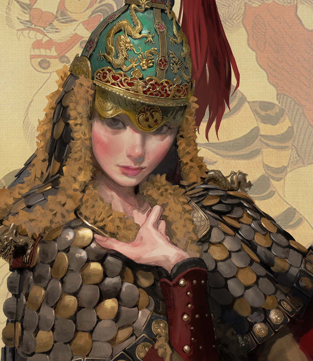 the image is a digital painting of a young woman dressed in ornate, historical asian armor. the style is reminiscent of classical portraiture. she wears a multilayered helmet topped with a red plume and adorned with intricate designs, including a golden dragon. her armor is primarily a combination of gold and brown scales, suggesting a high rank. the background features a faded, textured pattern reminiscent of traditional asian art. her calm, selfassured expression suggests strength and nobility.