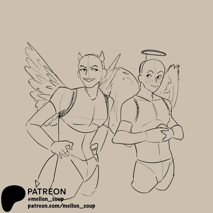 this is a sketch of an angel and a devil. the angel has a halo and wings, while the devil has horns and wings. they both have a neutral expression on their faces. they are drawn in a simple style.