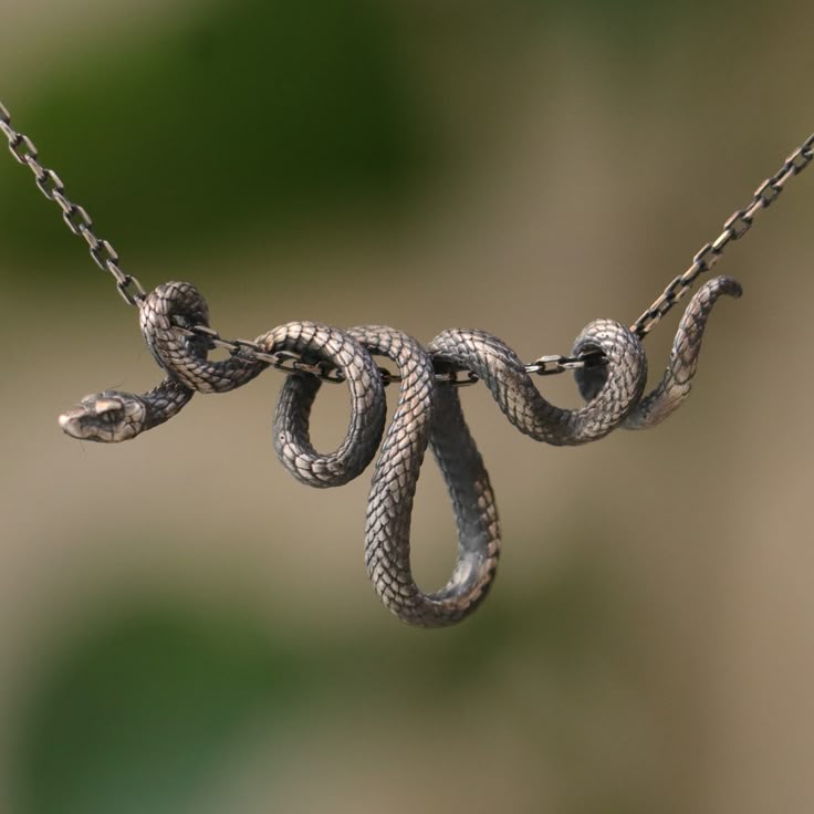 a silver snake necklace hangs against a blurred green and brown background. the snake is coiled and connected to the chain at two points. the snake has scale detailing and a snake head on the left side of the image.