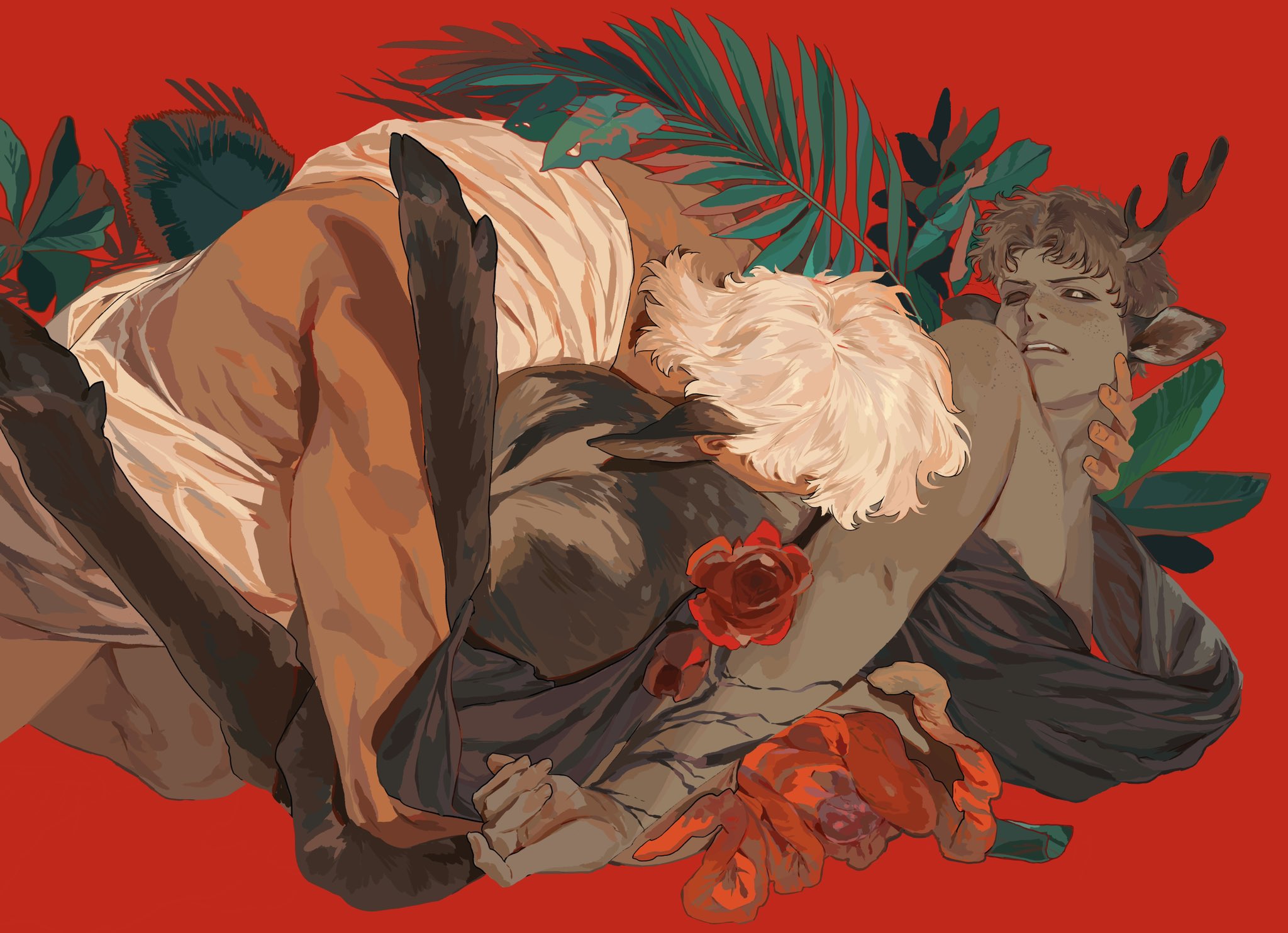 an illustration depicts two people in an embrace. one is fairskinned with blonde hair, wearing a creamcolored top. the other is darkerskinned with deerlike ears and antlers, wearing dark draped clothing. they are surrounded by green leaves and red flowers against a solid red background.