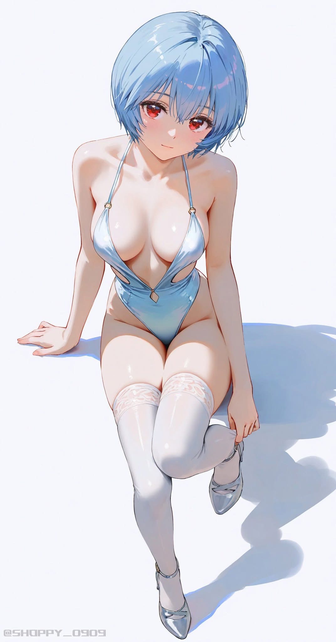 a digital art image depicting rei ayanami, an anime girl with short blue hair and red eyes, sitting in a light blue swimsuit with white hosiery and silver high heels. the background is plain white with a shadow behind her.