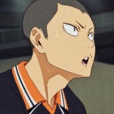 the image shows a closeup of tanaka ryunosuke from the anime haikyuu!! he has short, shaved hair and a determined expression on his face. he is sweating, suggesting he is in the middle of a game or practice.  he is wearing his orange and black karasuno high volleyball uniform.